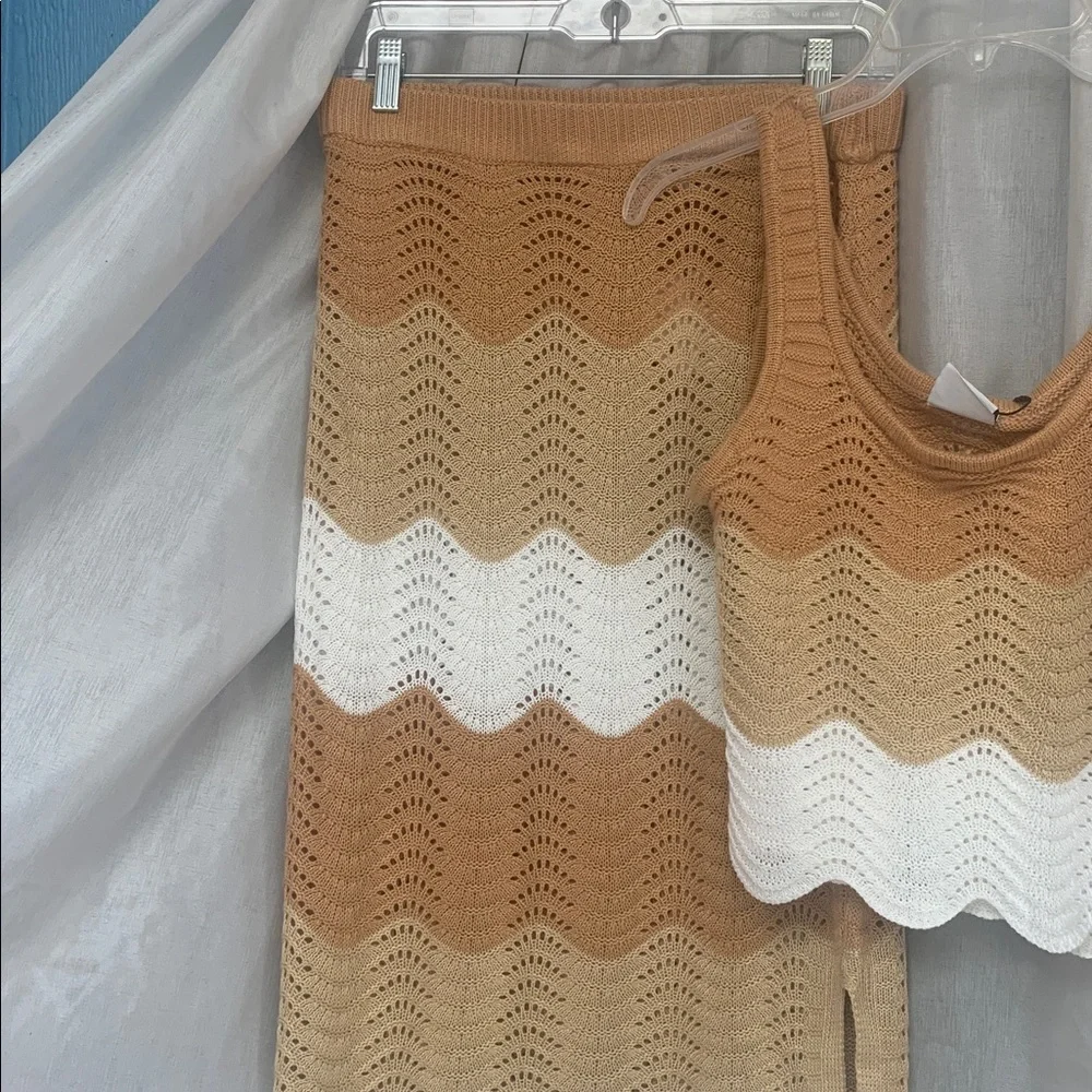 Crochet Wave Midi Skirt and Tank Set - Tan & White